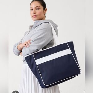 NEW Athleta All About Canvas Large Tote Weekend Bag Market Navy White Trim NWOT